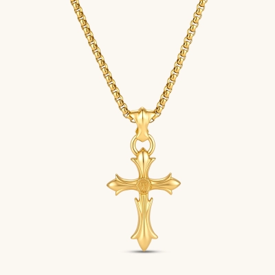 Gold fleur-de-lis gothic cross pendant on box chain, 49mm, 24K gold-plated 925 sterling silver, ornate center medallion.