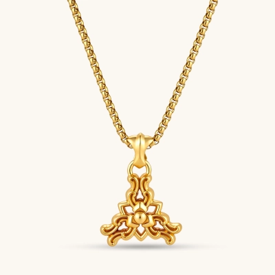 24K gold-plated 925 sterling silver lotus baroque pendant on a box chain, intricate floral scroll motif, 58mm length.
