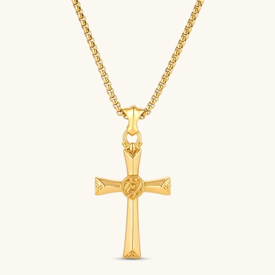 Gold cross pendant with rose motif center medallion, engraved tips, ornate bale, on a box chain. 58mm length.