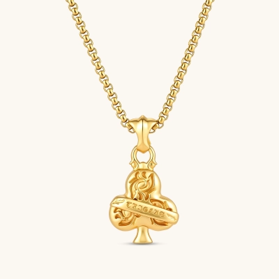24K gold-plated clubs pendant with baroque floral engravings, scroll banner, ornate bail, and box chain. 40mm.