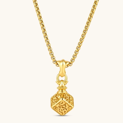 Gold 24K plated sterling silver hexagonal pendant with baroque scroll engravings on a box-link chain, 37mm length.