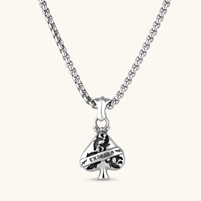 925 sterling silver ace-of-spades pendant with oxidized floral engraving, gothic banner script, on a box chain.