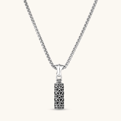 Sterling silver cylindrical pendant with black oxidized anchor lattice pattern on a box chain, 40mm length.