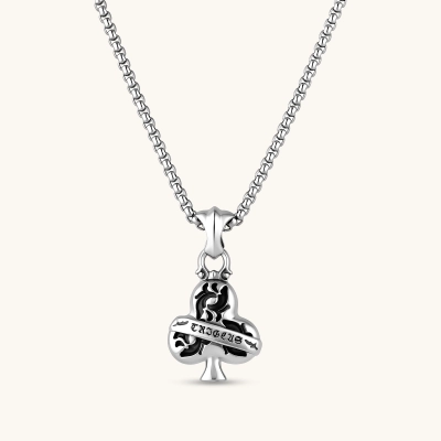 925 sterling silver club-suit pendant with black filigree inlay and TRICLUS banner, 40mm, on a box chain.