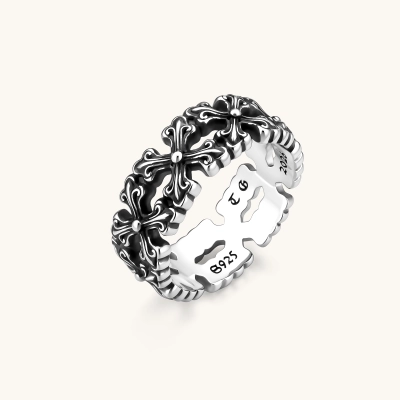 Wide 925 sterling silver band ring with ornate gothic cross motifs, oxidized black detailing, and rope-textured edges.