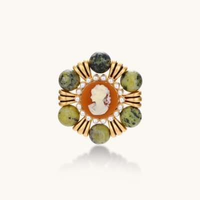 Vintage-style gold plated brooch with a cameo portrait, white bead border and six round green natural stone beads.
