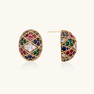 Oval gold-plated stud earrings with multicolor zirconia stones in geometric mosaic pattern