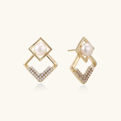 Gold-plated double square frame earrings with freshwater pearl and crystal accents on white background