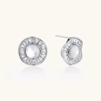 Round white gold-plated stud earrings with mother of pearl center and baguette crystal halo surround, 16.2mm diameter.