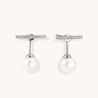Rhodium-plated sterling silver ear jacket earrings with diamond-set horizontal bar and freshwater pearl drop