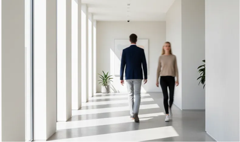 Man and woman walking in opposite directions in a bright hallway with tall windows and plants.
