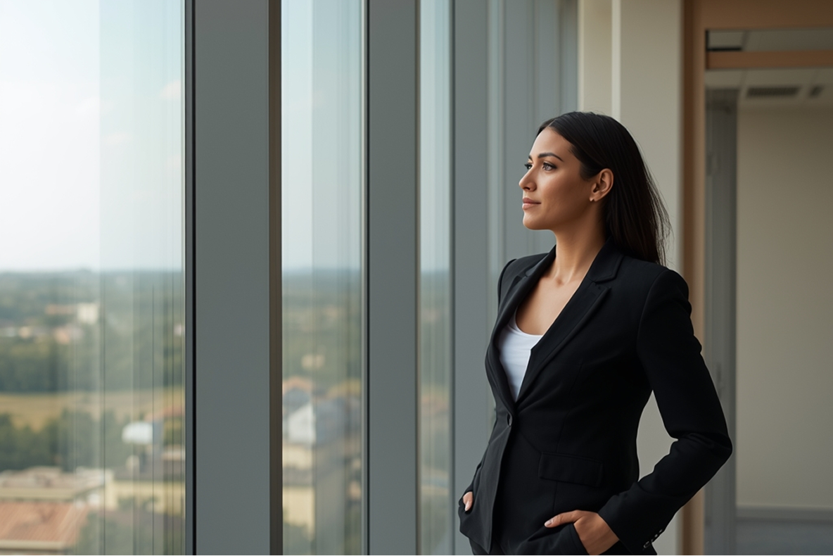 Frau blickt aus dem Fenster, Symbol für Klarheit und berufliche Neuorientierung