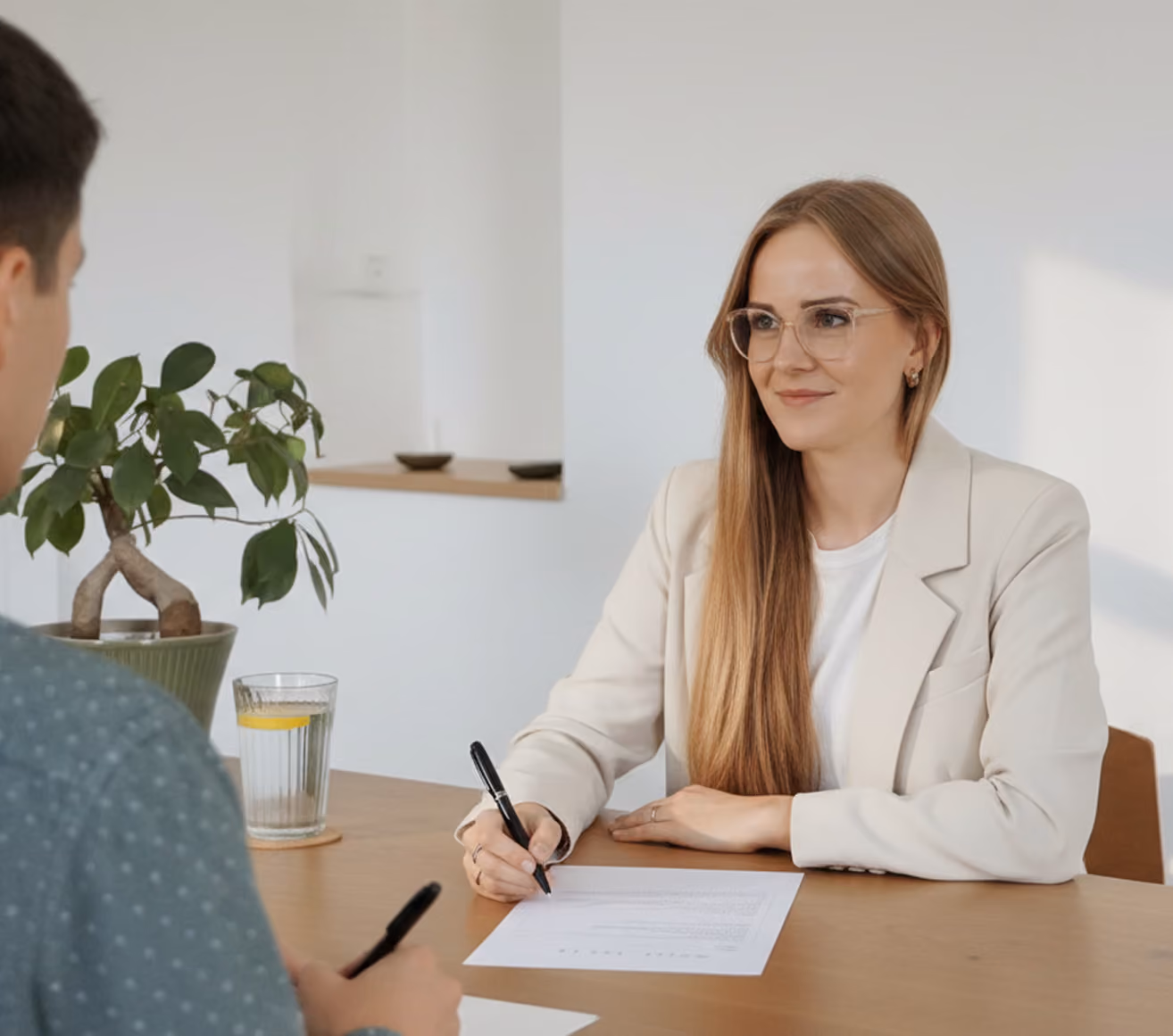 Coach talking to client at table, career clarification in coaching