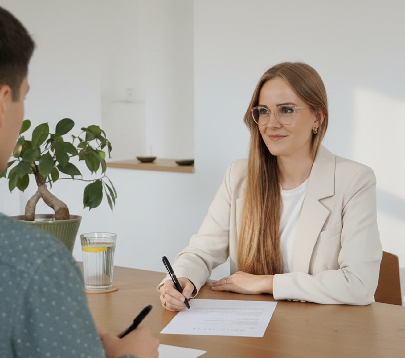 Coach talking to client at table, career clarification in coaching