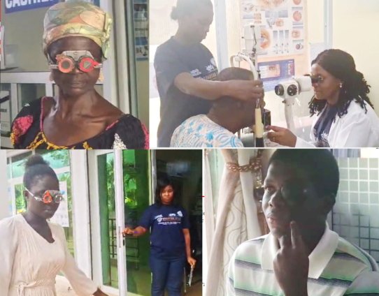 Eye care outreach team and patients at Quantum LC free screening in Obuasi