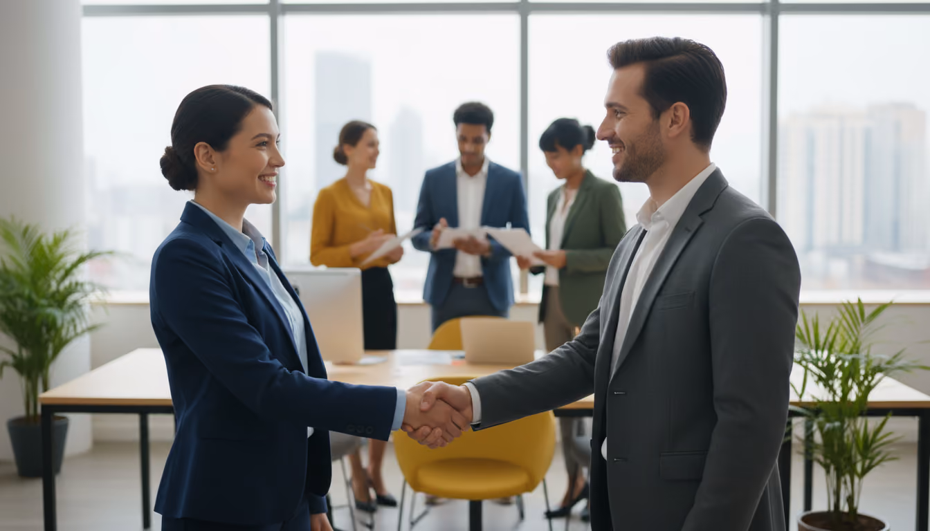 two friendly people at office shaking hands in accord