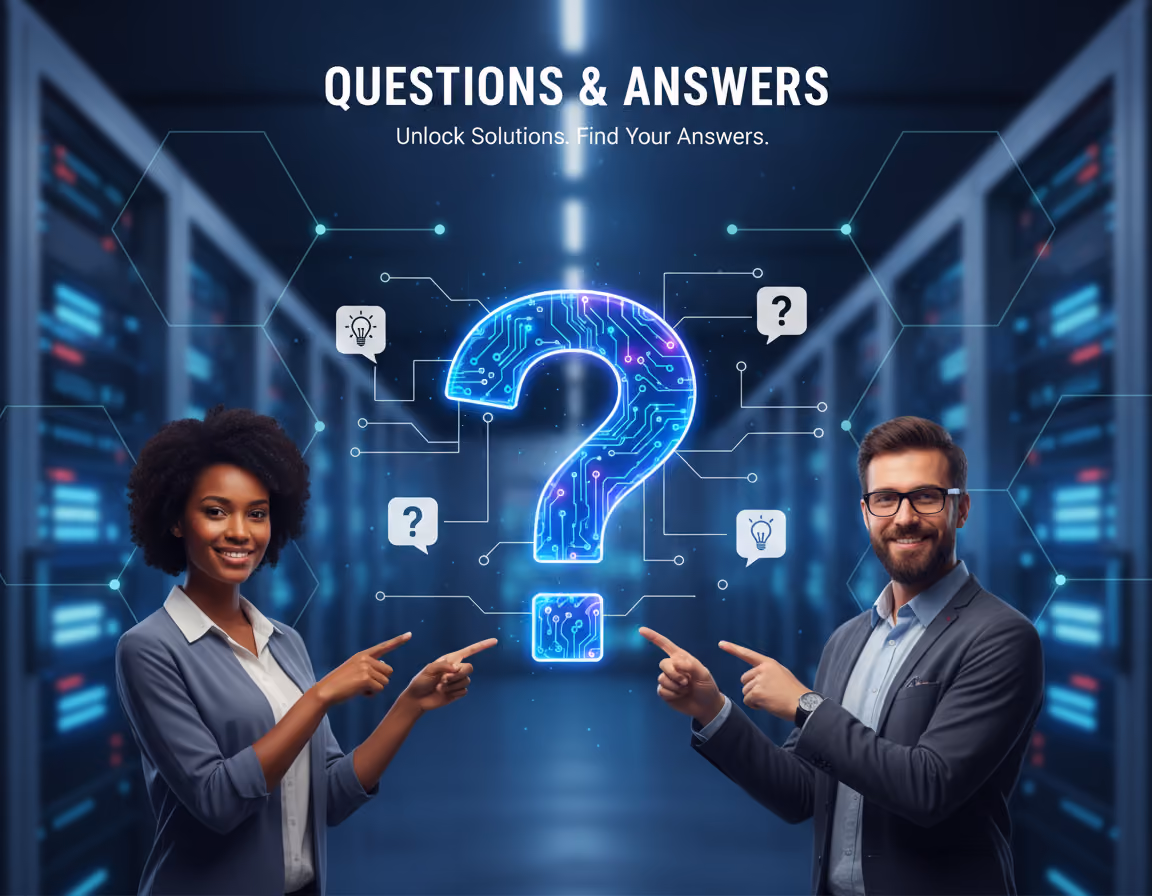 question and answers image with 2 people pointing at a question mark