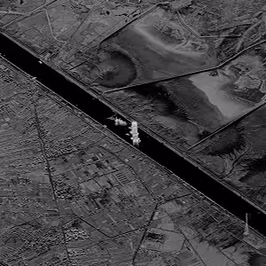 High-resolution Capella SAR imagery of Suez Canal Incident showing detailed features captured in all-weather conditions
