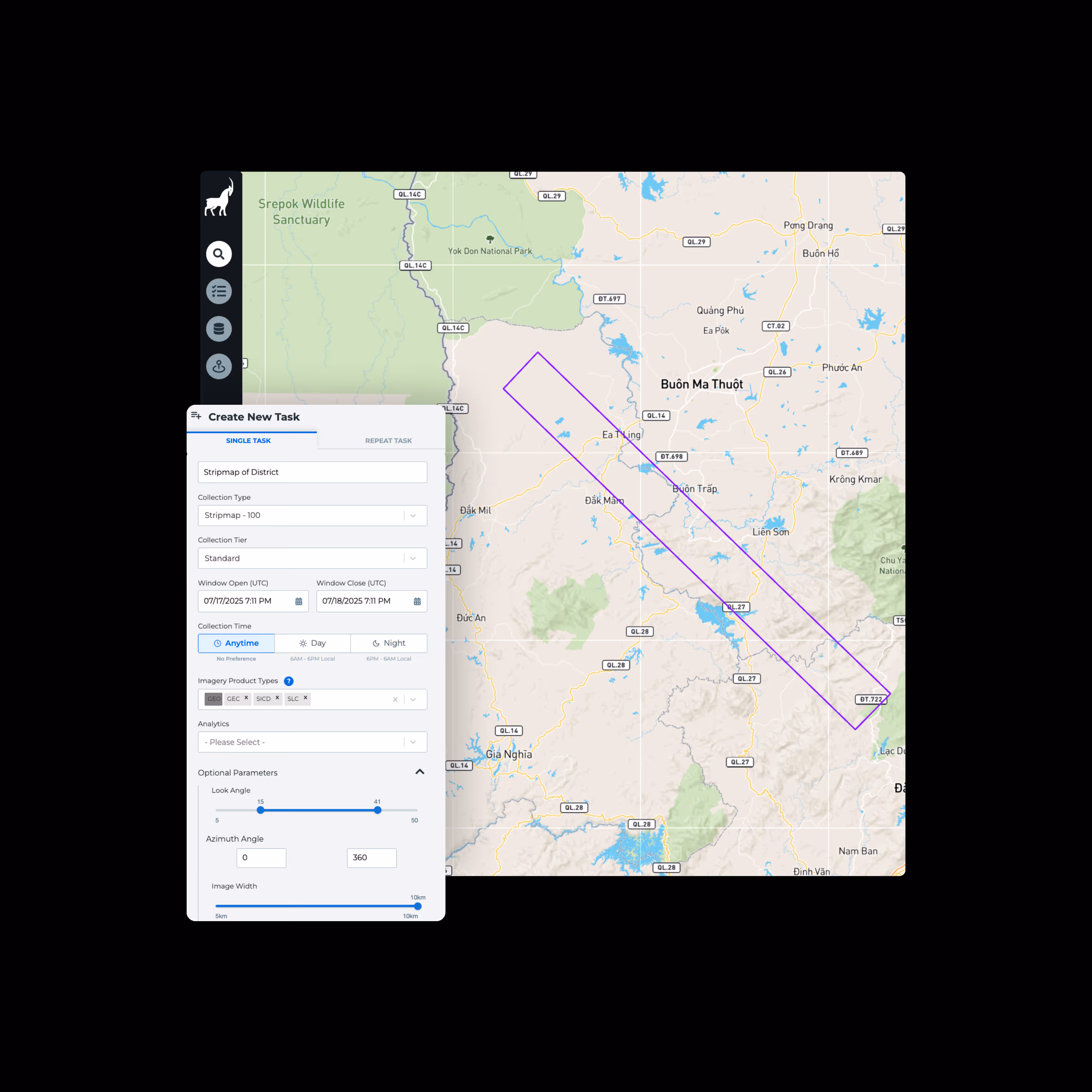 Capella Console interface showing automated SAR tasking, scheduling, and data collection management on a map-based platform
