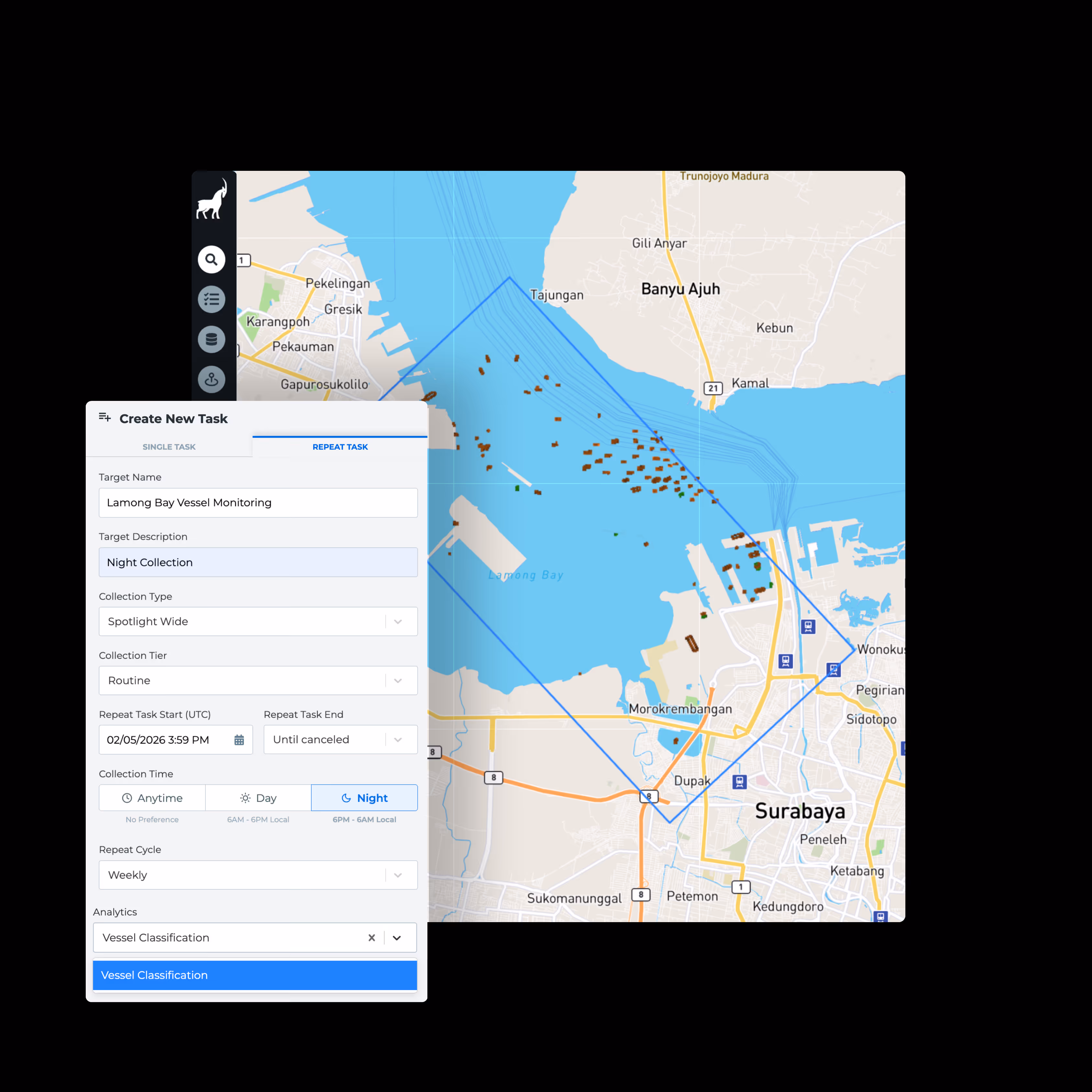 Capella Console interface showing automated SAR tasking, scheduling, and data collection management on a map-based platform
