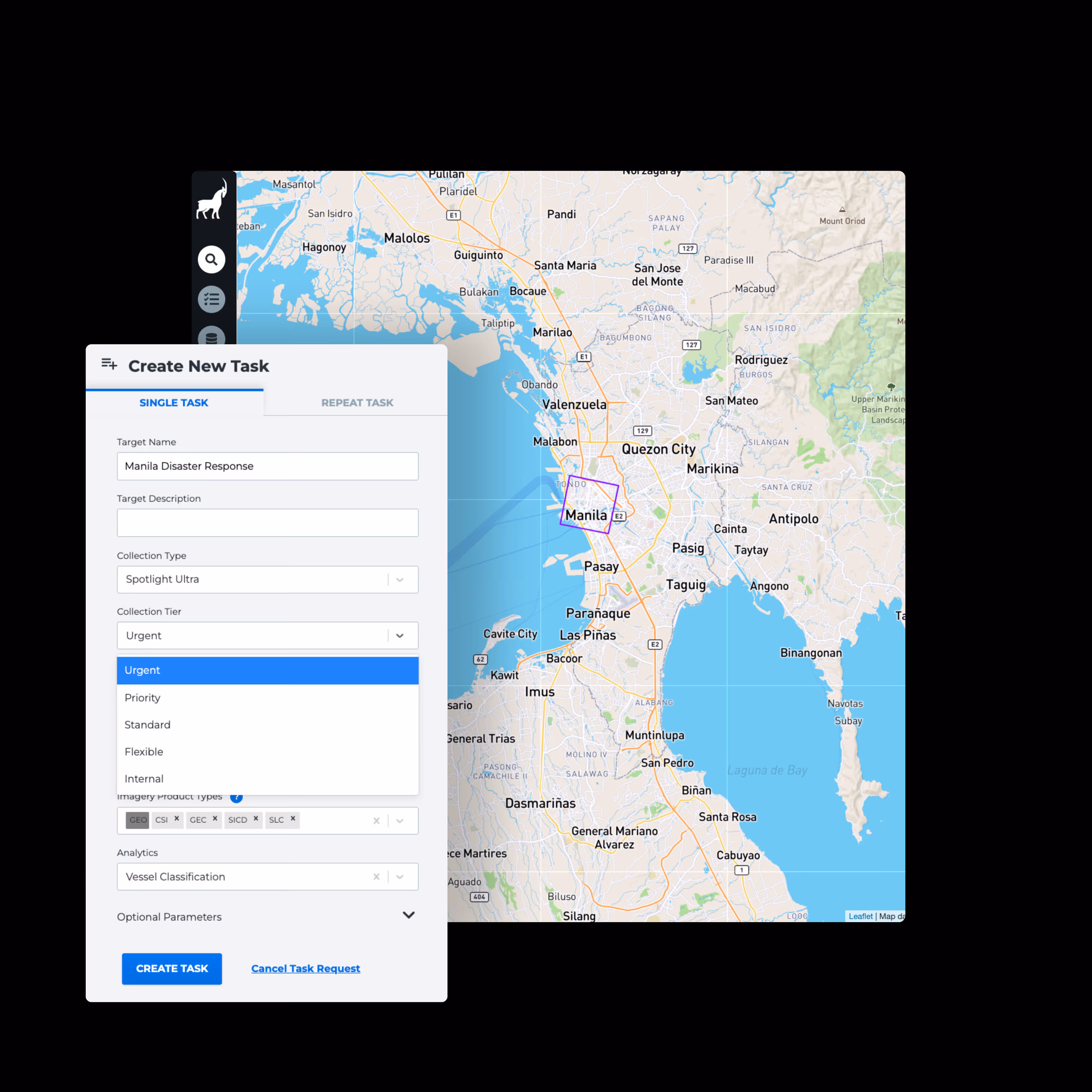 Capella Console interface showing automated SAR tasking, scheduling, and data collection management on a map-based platform
