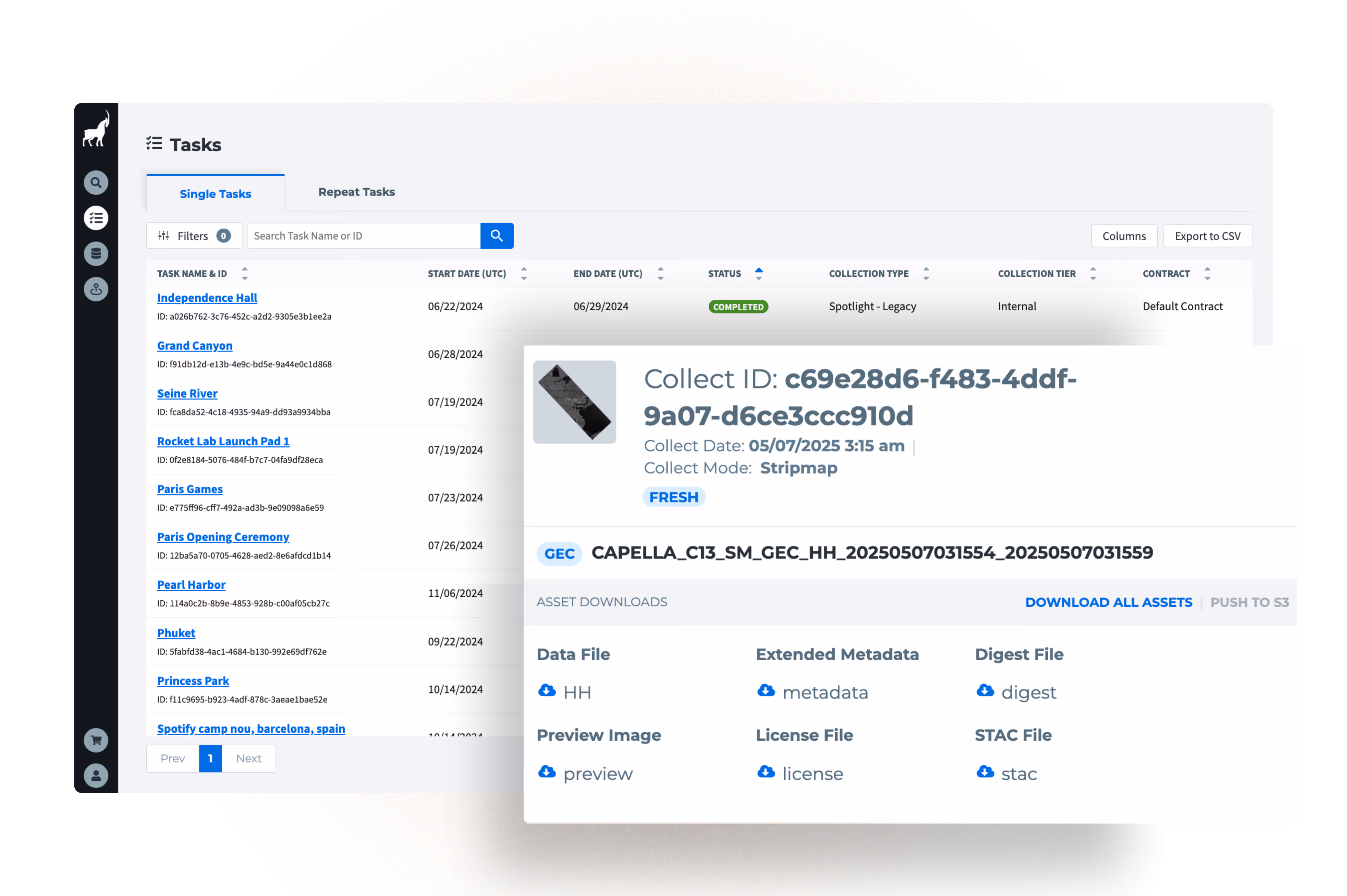 Capella Console interface showing automated SAR tasking, scheduling, and data collection management on a map-based platform

