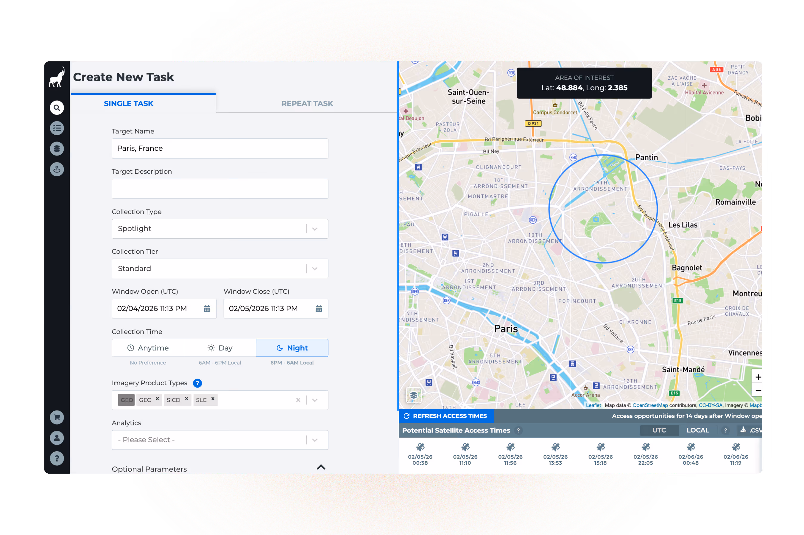 Capella Console interface showing automated SAR tasking, scheduling, and data collection management on a map-based platform