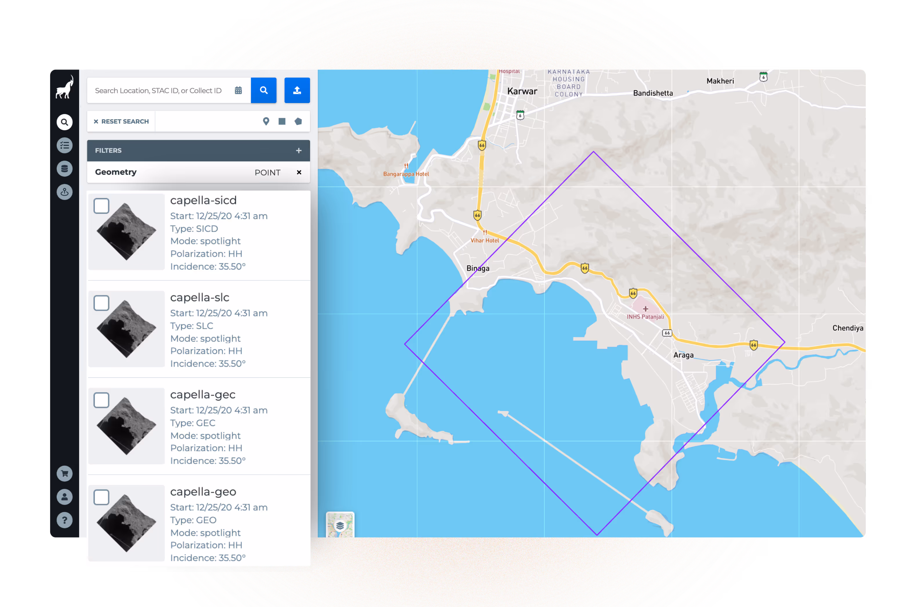 Capella Console interface showing automated SAR tasking, scheduling, and data collection management on a map-based platform