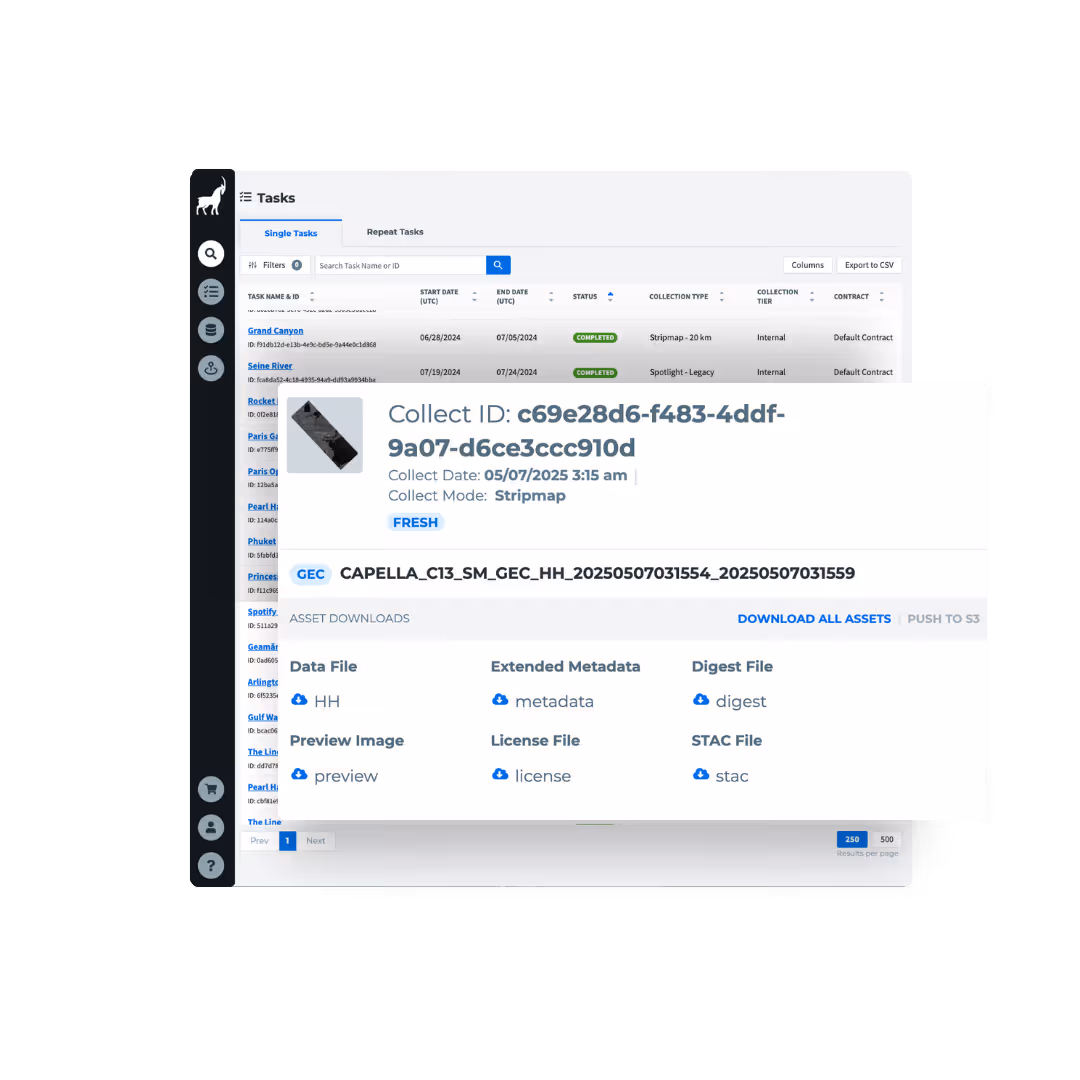 Capella Console interface showing automated SAR tasking, scheduling, and data collection management on a map-based platform

