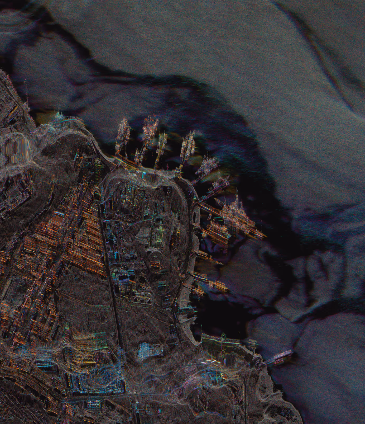 High-resolution Capella Colorized Sub-aperture Image (CSI) of Severomorsk, Russia showing detailed surface features captured in all-weather conditions
