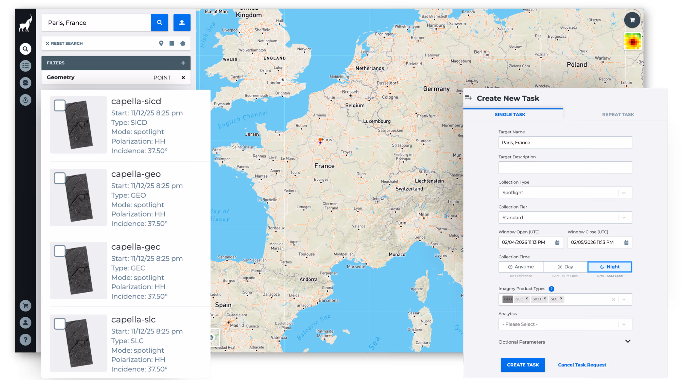 Capella Console interface showing automated SAR tasking, scheduling, and data collection management on a map-based platform
