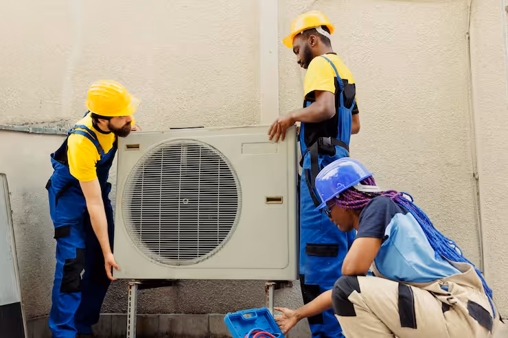 Three workers in hard hats installing or servicing an outdoor air conditioning unit.