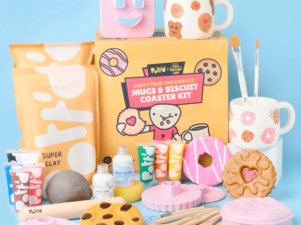 The Pott'd x The Making Box Party Time Throwback mugs and biscuit coaster kit