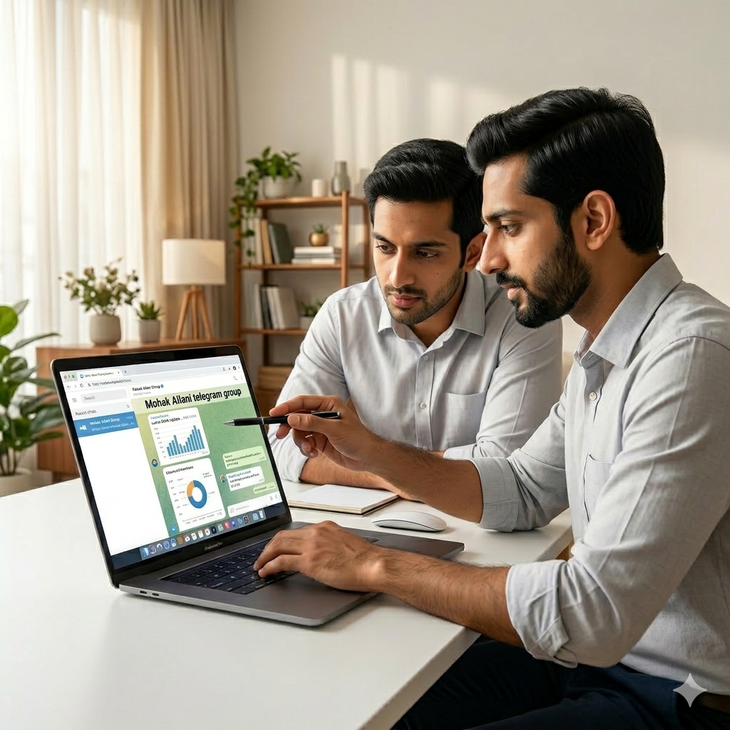 Two men reviewing a laptop screen displaying charts and statistics in a home office setting.