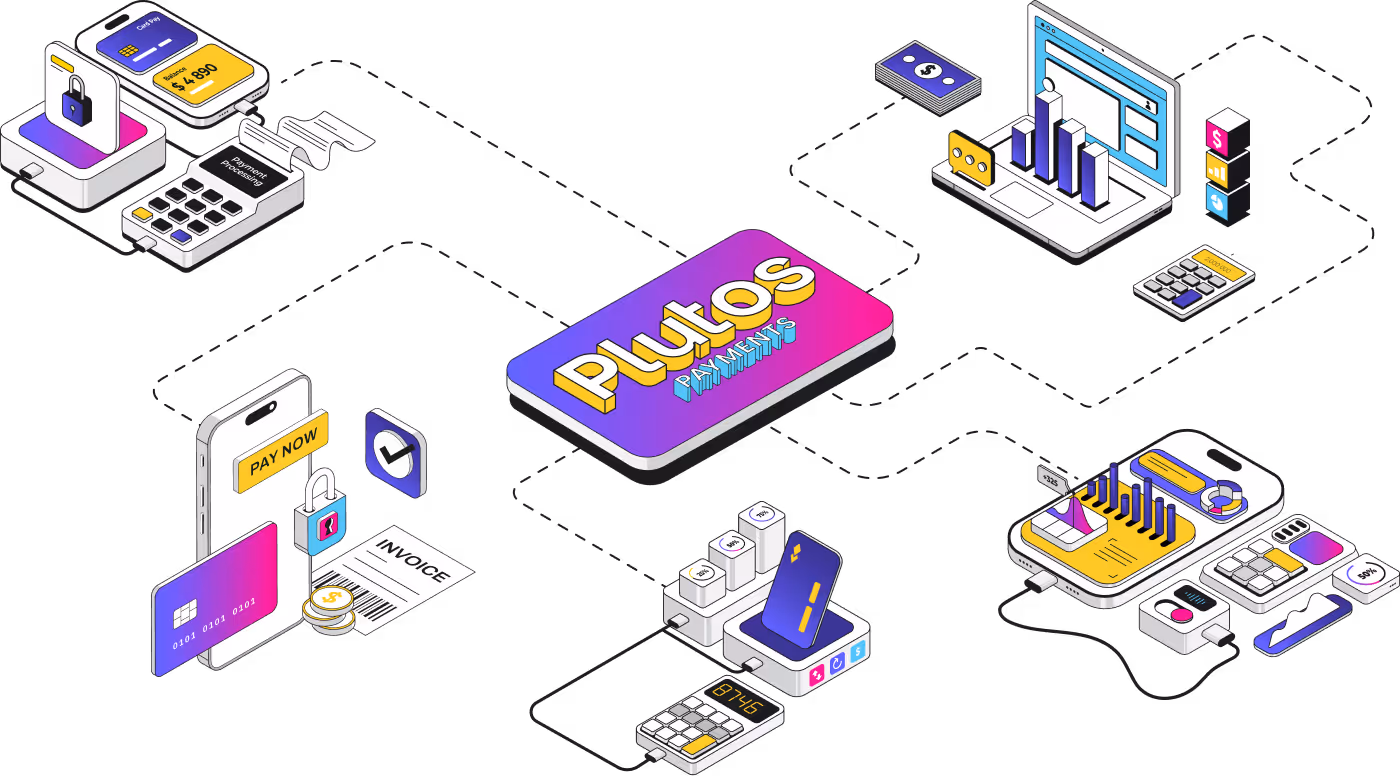 Digital illustration showing connected devices and charts around a central Plutos Payments logo block.