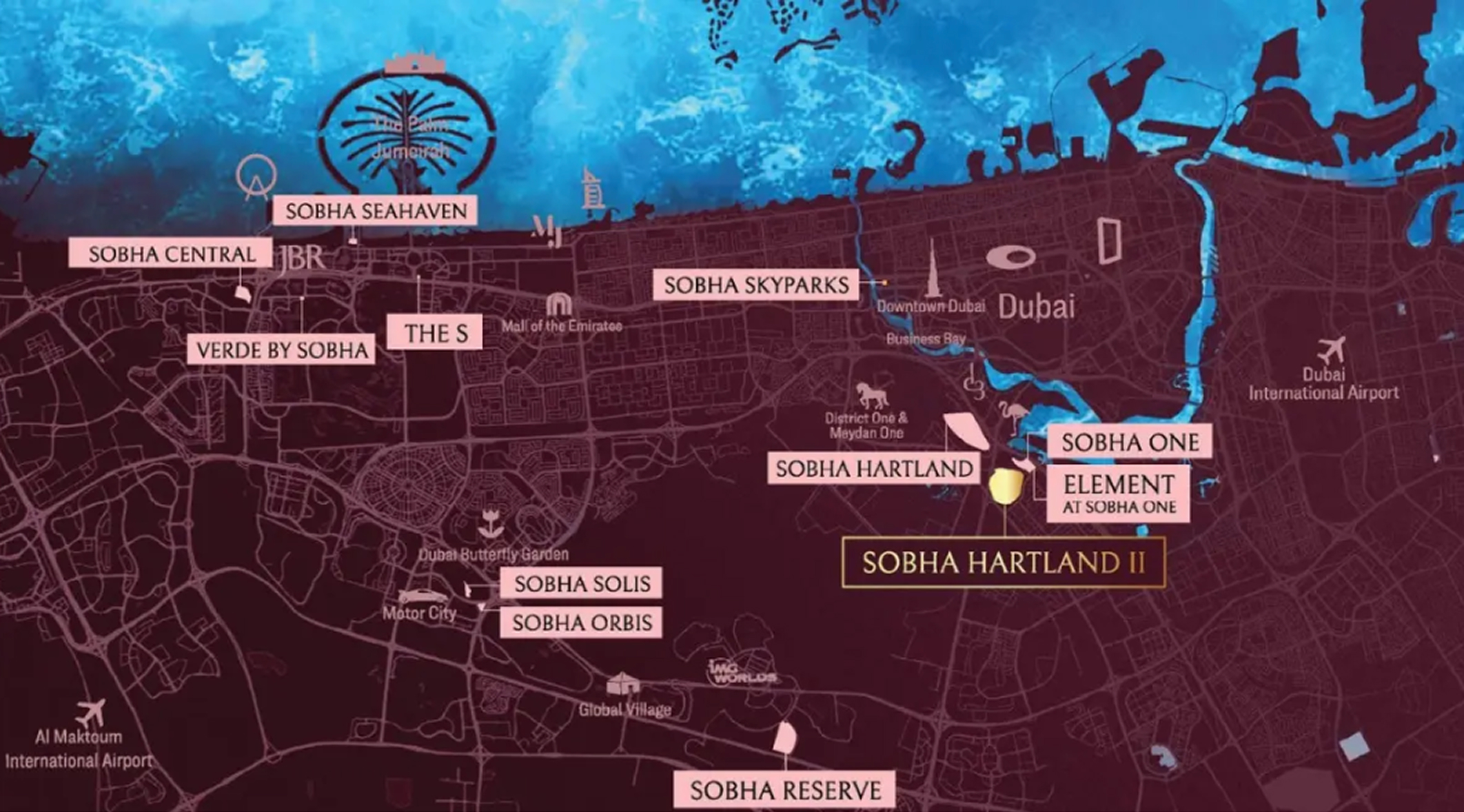 Map showing various Sobha real estate locations across Dubai, including Sobha Sehaven, Sobha Central, Sobha Skyparks, Sobha Hartland, Sobha One, and Sobha Reserve.