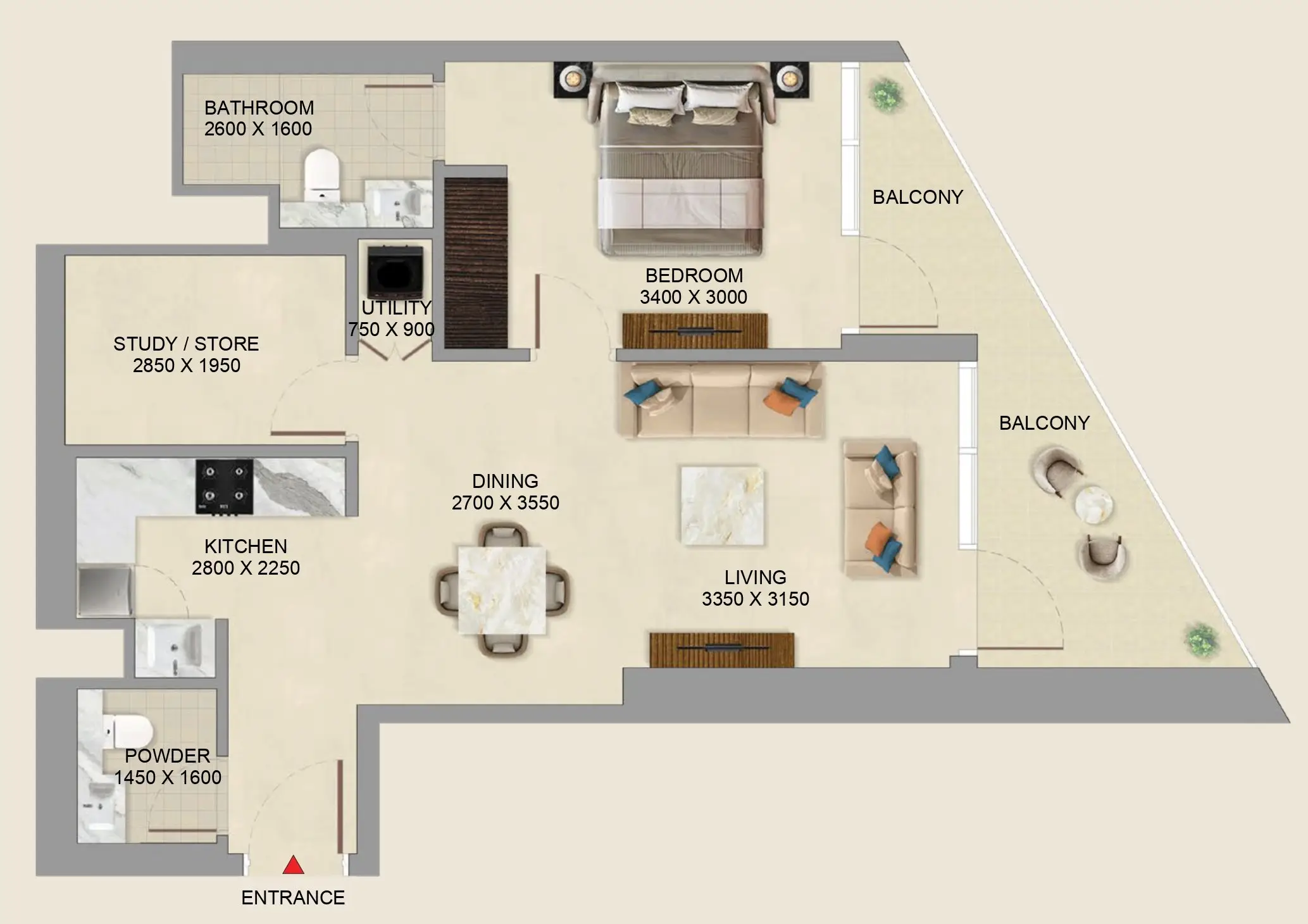 Floor plan of a one-bedroom apartment featuring a bedroom with balcony, living and dining area, kitchen, bathroom, powder room, study/store, utility room, and two balconies.