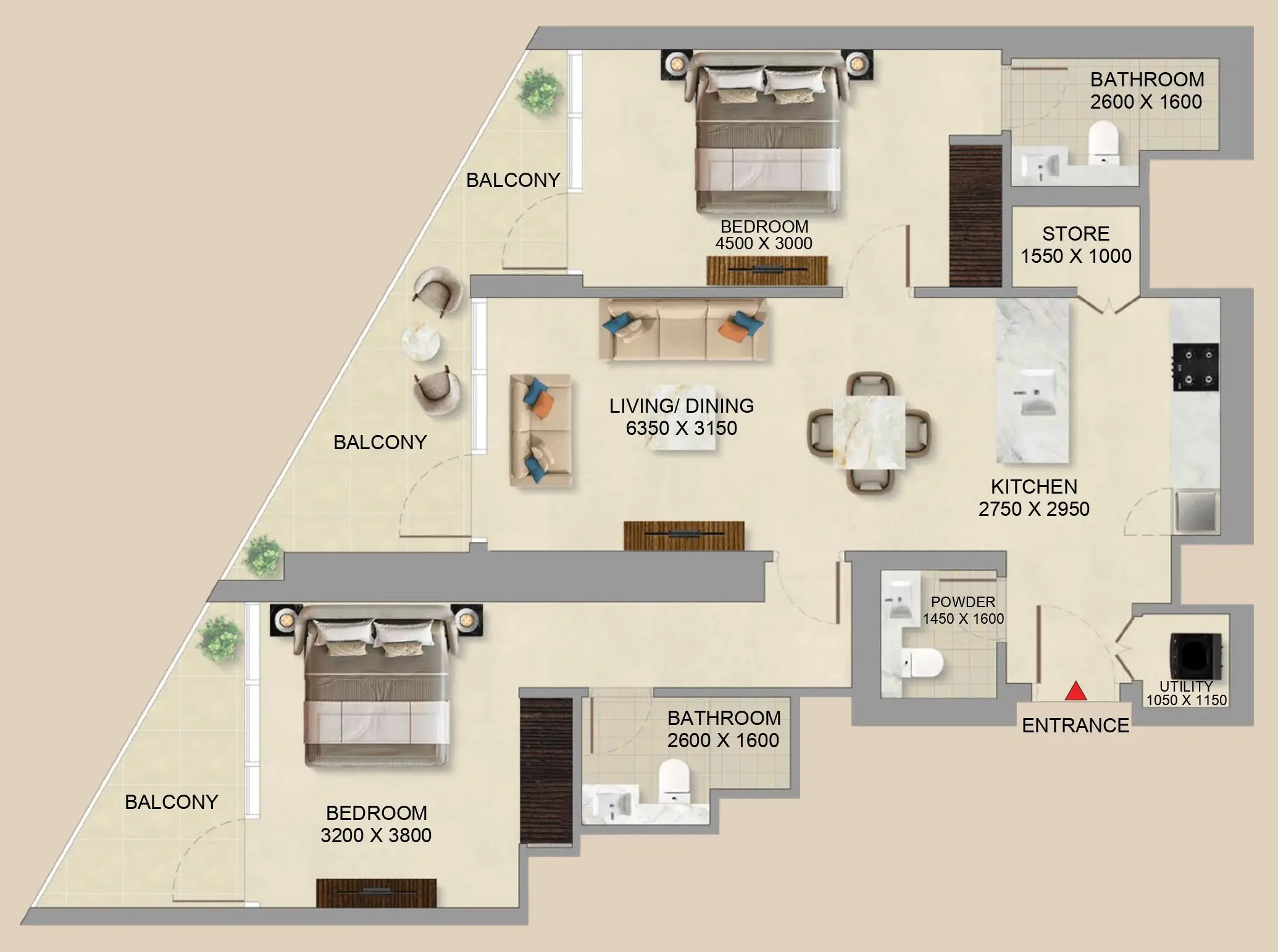 Floor plan of a two-bedroom apartment with living/dining area, kitchen, two bathrooms, powder room, store, utility room, and balconies.