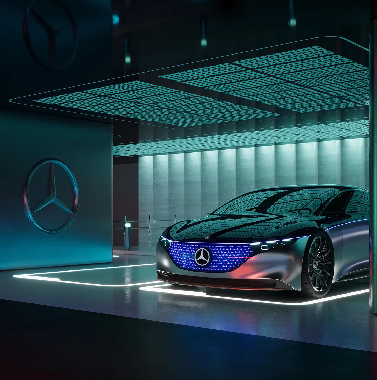 Futuristic black Mercedes-Benz electric car with illuminated grille and logo in modern showroom with neon lighting.