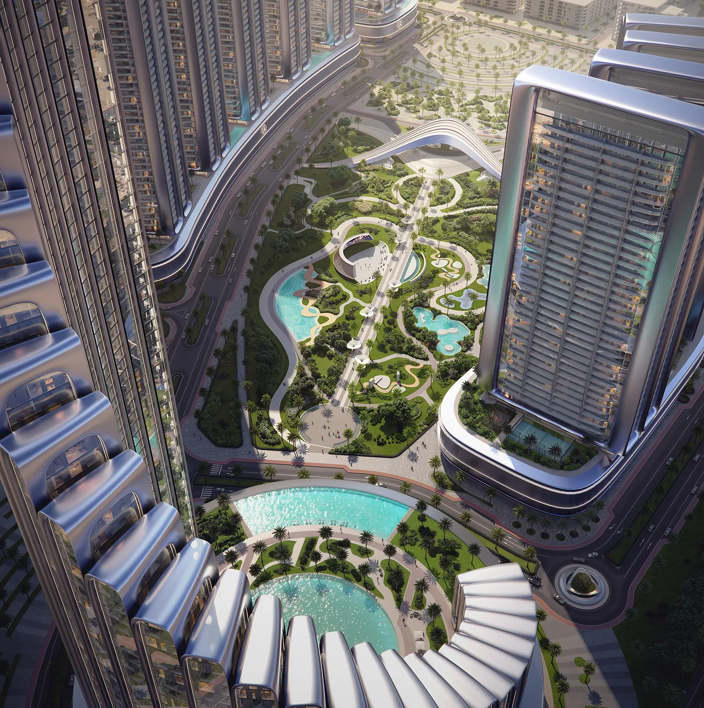 Aerial view of a modern urban park with walking paths, water features, and surrounded by tall metallic skyscrapers.