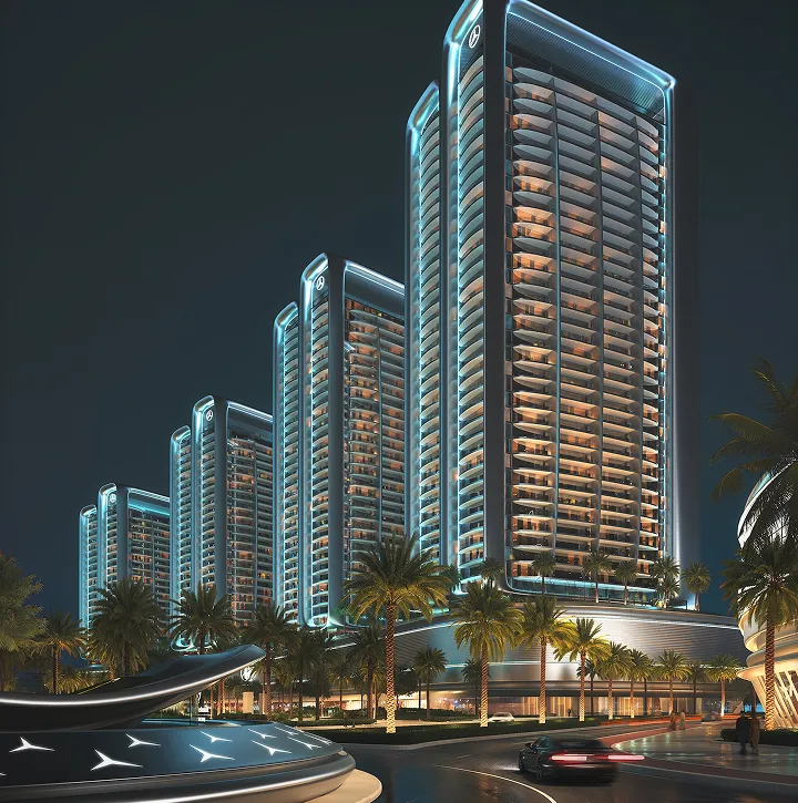 Five illuminated modern high-rise buildings with blue neon outlines and balconies at night, surrounded by palm trees and a sleek black car on a wet street.