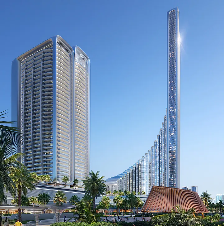 Modern architectural rendering of a luxury complex with a tall, slender tower, curved glass buildings, and tropical palm trees under a clear blue sky.