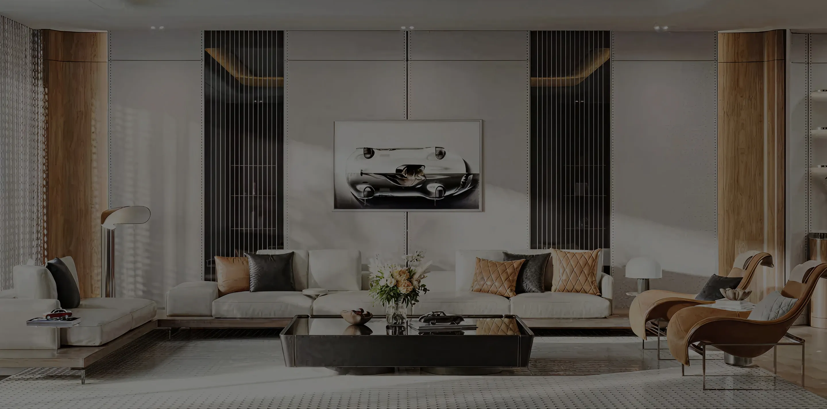 Modern living room with white sectional sofa, brown armchairs, glass coffee table with flowers, and abstract artwork on wall.