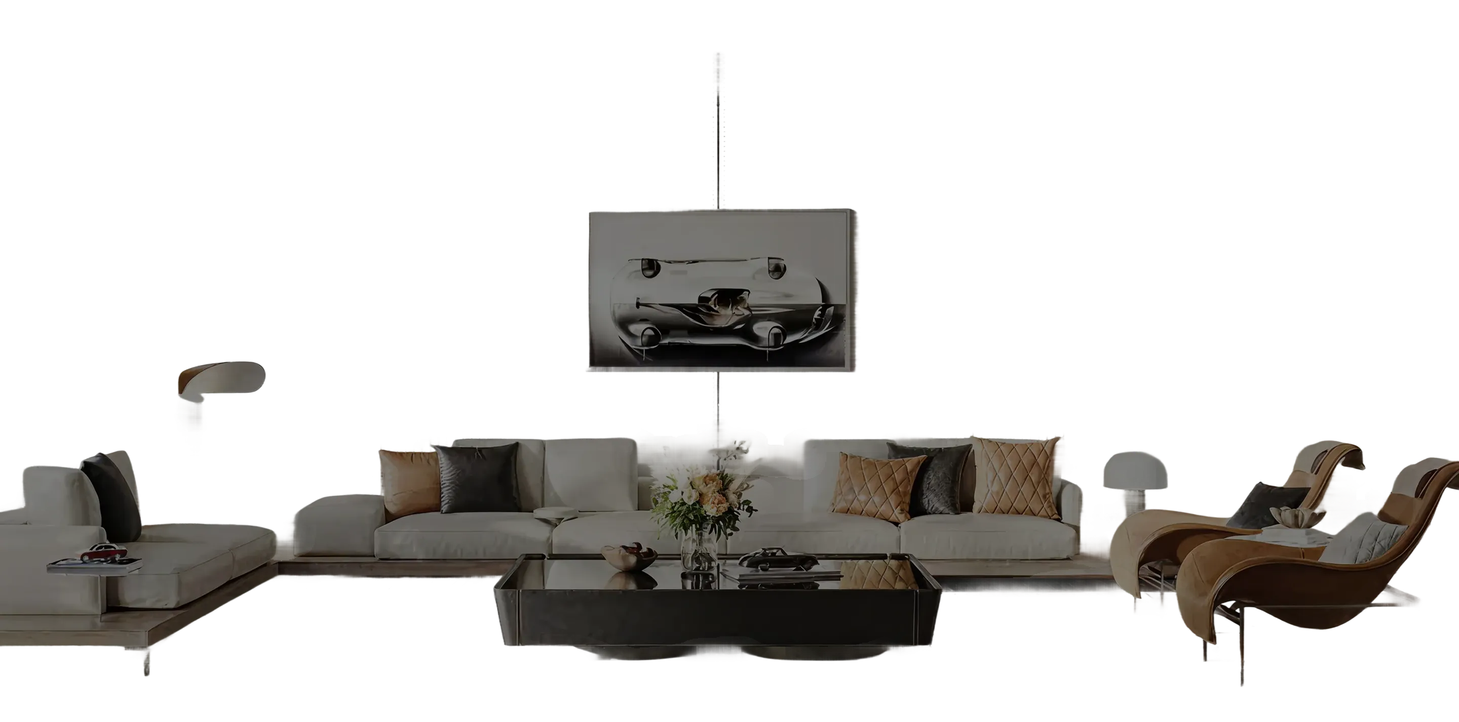 Modern living room setup with a large beige sectional sofa, black and brown cushions, a black glass coffee table with flower arrangement, two brown lounge chairs, and a black-and-white abstract painting above.