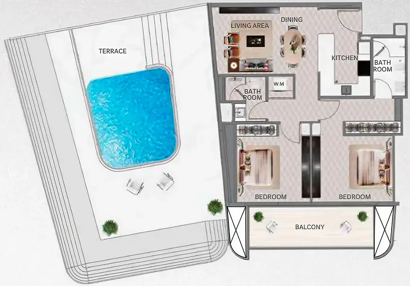 Floor plan of an apartment featuring two bedrooms, a kitchen, dining and living areas, two bathrooms, a balcony, and a terrace with a pool and two chairs.