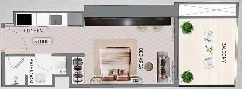 Floor plan of a studio apartment with kitchen, bathroom, bed area, and balcony with two chairs and plants.