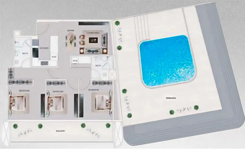 Top-down view of an apartment floor plan with three bedrooms, a living room, kitchen, balcony, and adjacent outdoor terrace featuring a swimming pool.