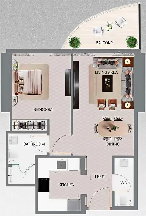 Floor plan of a one-bedroom apartment with labeled areas: bedroom, bathroom, kitchen, living area, dining, WC, and a balcony with outdoor seating and plants.