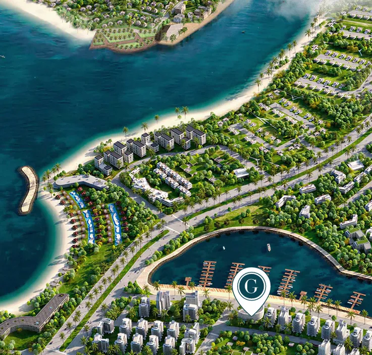 Aerial view of a coastal residential area with multiple buildings, green spaces, palm trees, waterways, and a marina with docks.