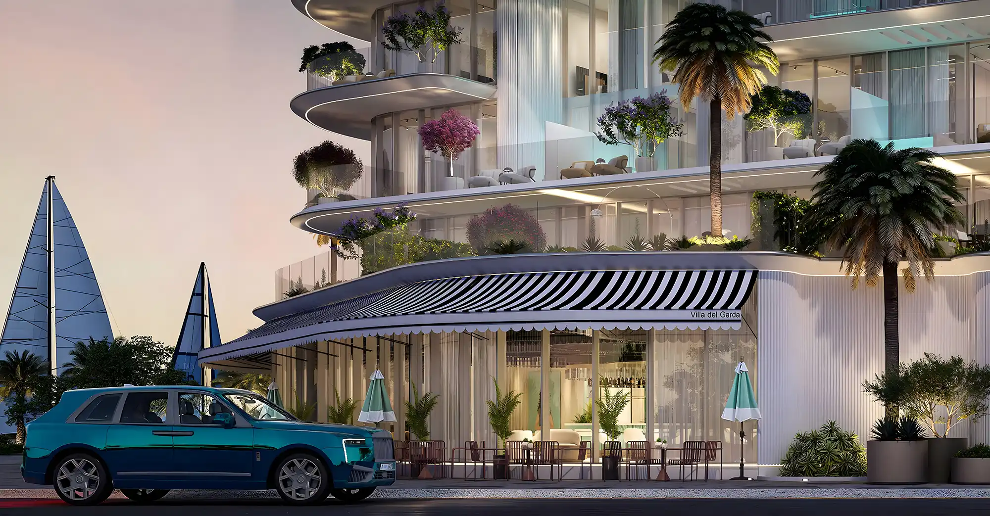 Modern luxury building with curved balconies and lush plants, a striped awning labeled 'Villa del Garda,' and a blue luxury SUV parked in front.